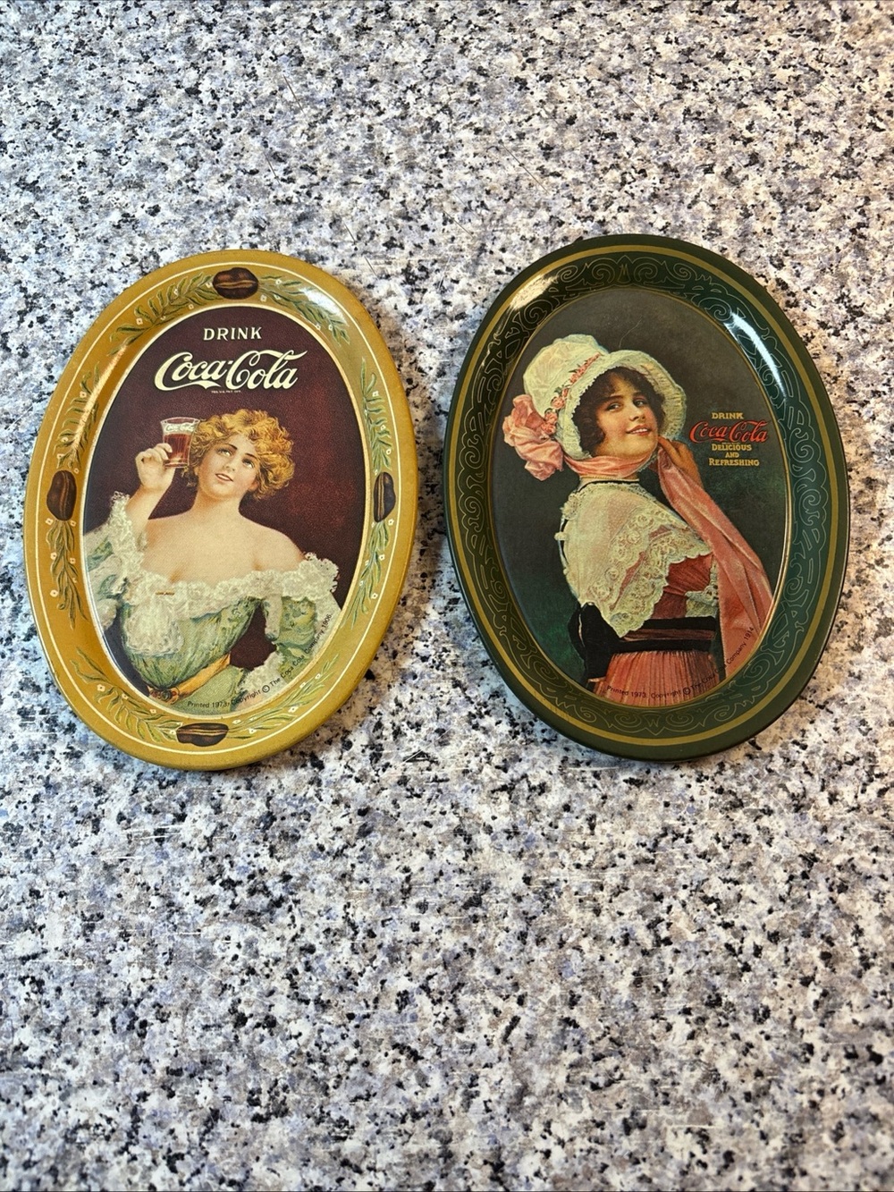 Lot of 2 DRINK COCA COLA Oval Metal Tin Trays Beautiful Women Decoration  6”